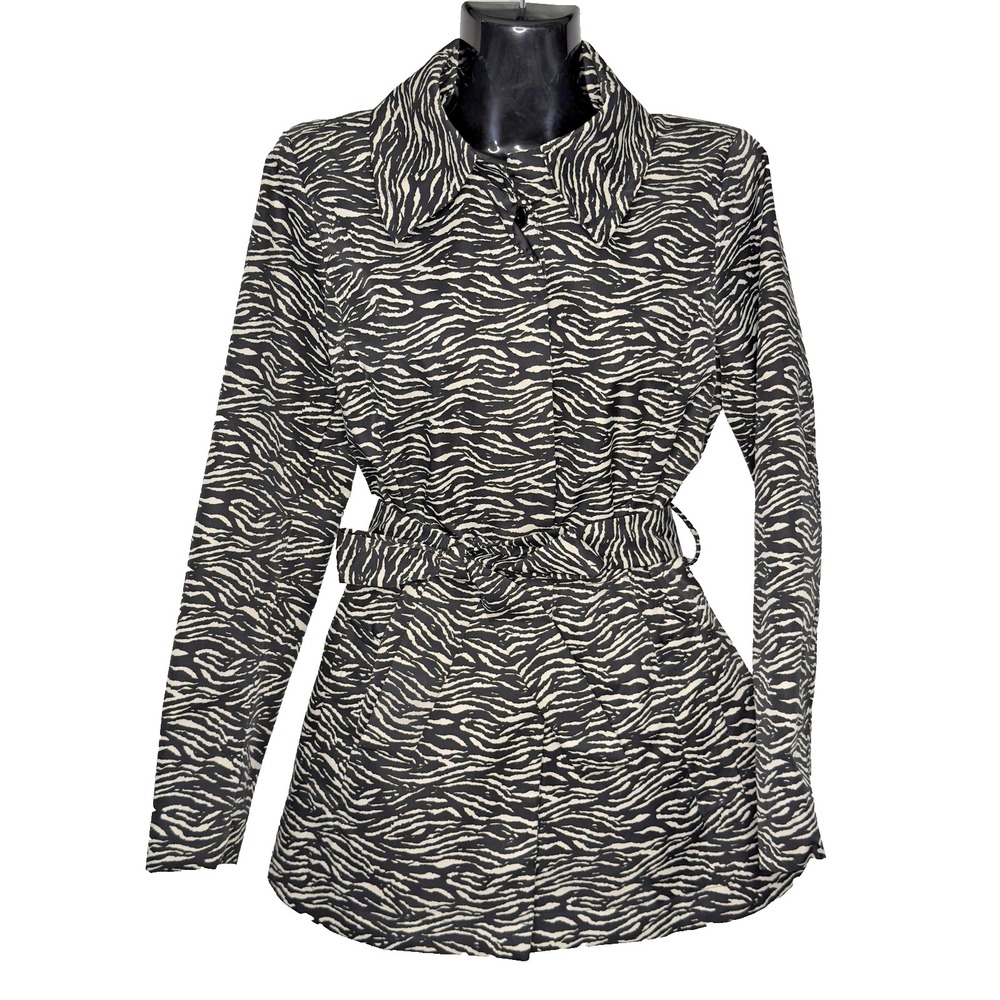 Sandro Studio Jacket Womens Small Black White Zebra Print Belted Polyester Coat